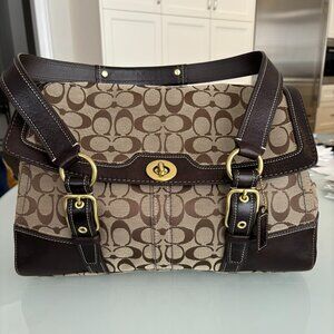 Coach Shoulder Bag in Signature Jacquard Textile with Dark Brown Leather